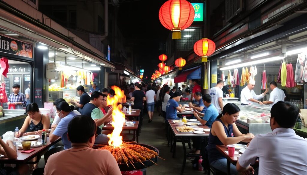 Evening scene at Jalan Alor in Kuala Lumpur with food stalls and diners enjoying Malaysian street food Evening scene at Jalan Alor in Kuala Lumpur with food stalls and diners enjoying Malaysian street food