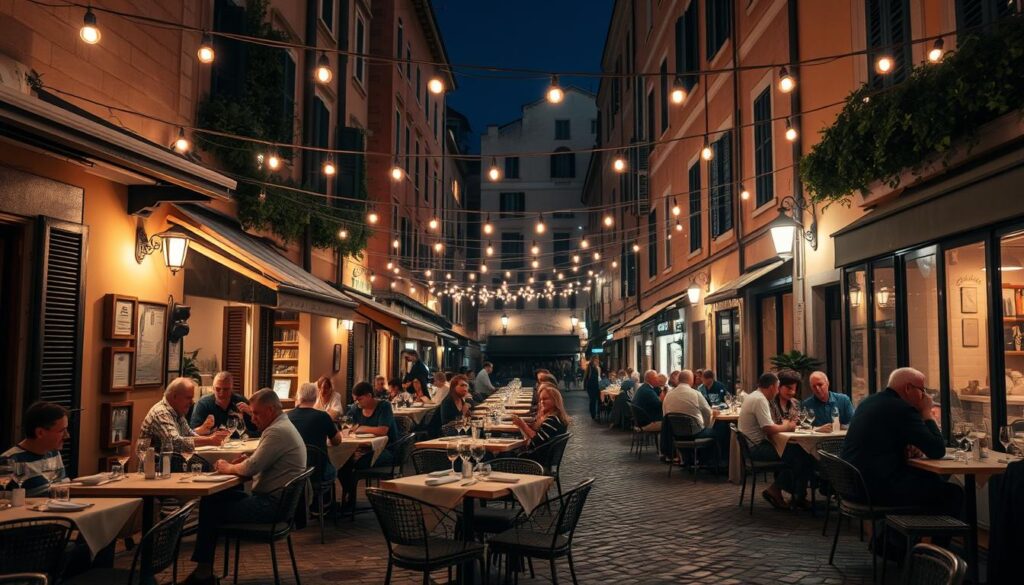 Evening scene in Trastevere with outdoor dining and string lights, perfect dinner spot after one day in Rome Evening scene in Trastevere with outdoor dining and string lights, perfect dinner spot after one day in Rome