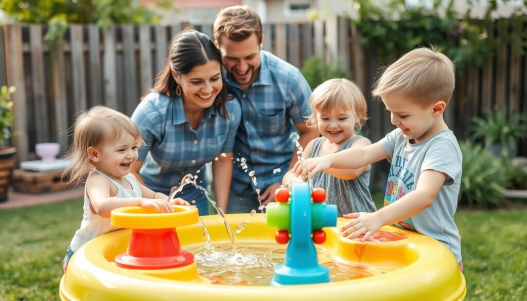 Family enjoying water play activities together outdoors
