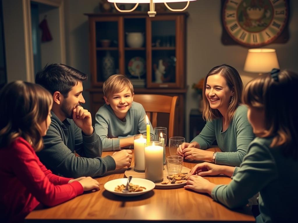 Family sharing in a gratitude circle at dinner time Family sharing in a gratitude circle at dinner time