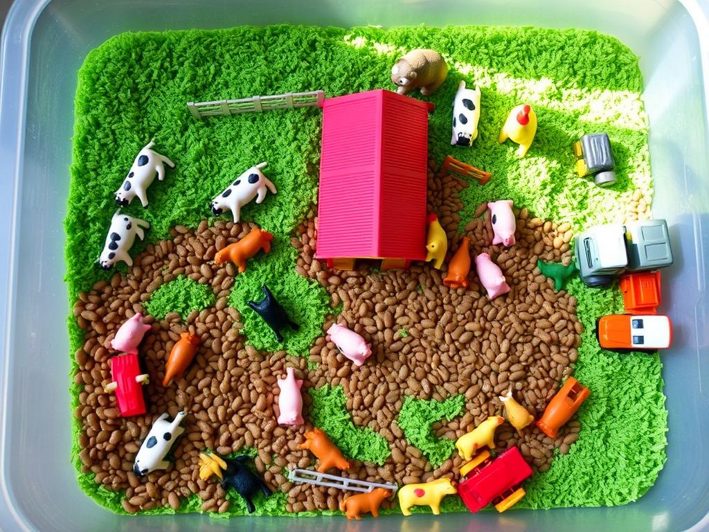 Farm-themed sensory bin with green rice, toy animals and farm structures Farm-themed sensory bin with green rice, toy animals and farm structures