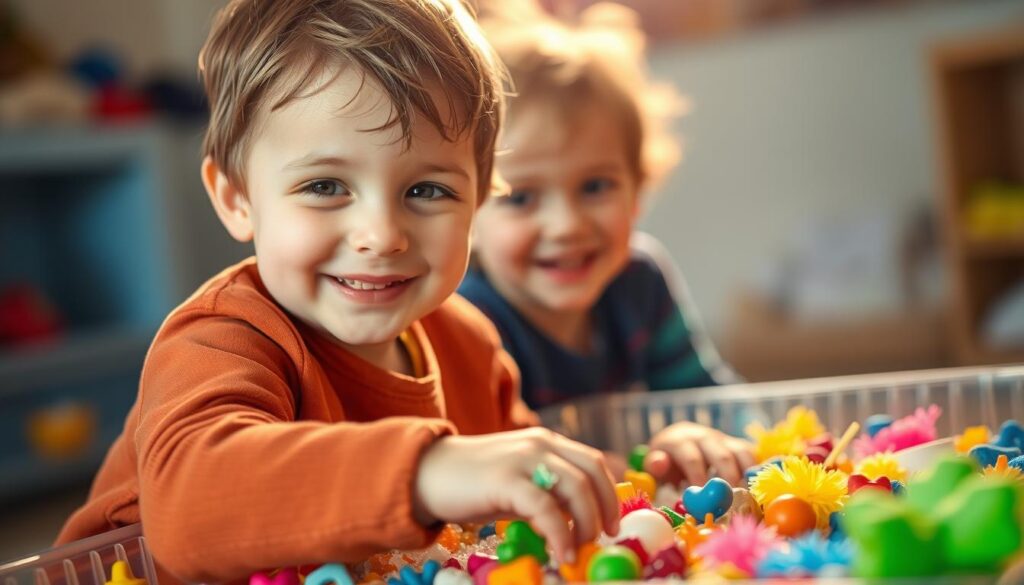 Happy preschooler engaged in colorful sensory bin play Happy preschooler engaged in colorful sensory bin play