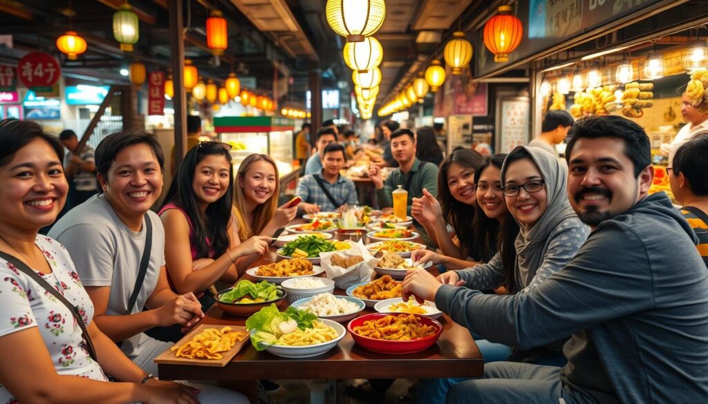Happy travelers enjoying diverse street food dishes at an Asian night market Happy travelers enjoying diverse street food dishes at an Asian night market