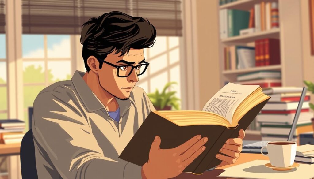 Illustration of a person in a well-lit study, intensely focused on a book, their eyes rapidly moving across the pages. The background features a neatly organized desk with a laptop, a stack of books, and a cup of coffee, conveying a productive and scholarly atmosphere. The subject's posture and expression suggest deep engagement and efficient information processing, exemplifying the concept of "effective speed reading." The lighting is warm and natural, creating a sense of concentration and intellectual pursuit. The overall scene evokes a calm, focused, and productive environment conducive to improving reading skills.