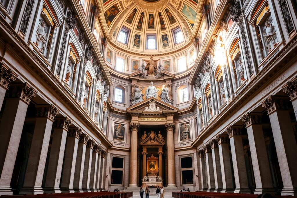 Interior of St. Peter's Basilica showing the grand nave and dome, highlight of one day in Rome Interior of St. Peter's Basilica showing the grand nave and dome, highlight of one day in Rome