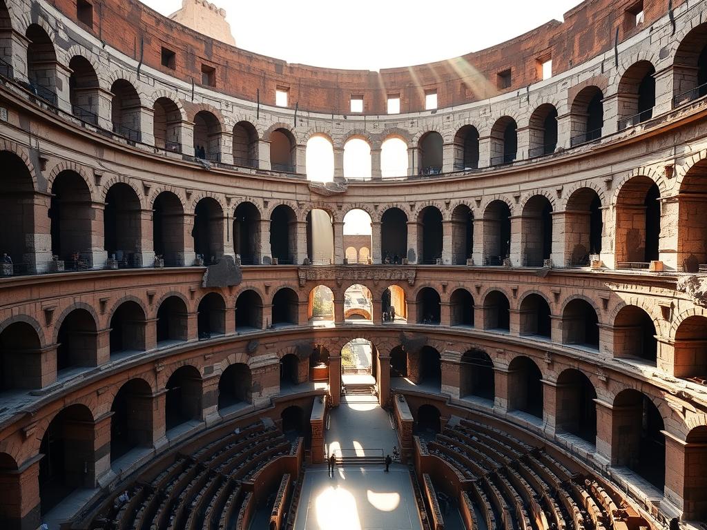 Interior view of the Colosseum in Rome with morning light streaming in, essential stop for one day in Rome Interior view of the Colosseum in Rome with morning light streaming in, essential stop for one day in Rome