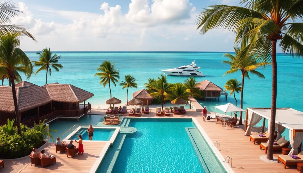 Lush, tropical beachfront resort with pristine white sand and turquoise waters. Elegant overwater villas with thatched roofs and private balconies overlooking the tranquil lagoon. Palm trees sway gently in the warm Caribbean breeze. Guests sipping crafted cocktails by the infinity pool, surrounded by luxurious cabanas and cabanas. In the distance, a yacht glides across the horizon, adding to the sense of exclusivity and refinement. Soft, diffused natural lighting creates a serene, inviting atmosphere. Captured through a wide-angle lens to showcase the breathtaking scale and scope of this exclusive, high-end beach resort destination.