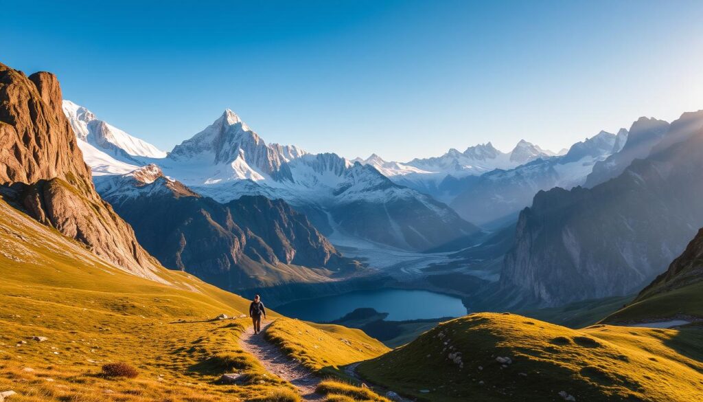 Majestic European alpine mountain passes, their snow-capped peaks piercing the azure sky. Rugged, windswept trails wind through lush meadows and glacial valleys, flanked by towering granite cliffs. A crisp, golden-hour light bathes the scene, casting dramatic shadows across the craggy terrain. In the distance, a lone hiker navigates the winding path, dwarfed by the grand, awe-inspiring landscape. Crystalline lakes reflect the surrounding mountains, their still waters mirroring the grandeur above. This is a realm of unspoiled natural wonder, a breathtaking showcase of the alpine splendor that defines the heart of Europe. Majestic European alpine mountain passes, their snow-capped peaks piercing the azure sky. Rugged, windswept trails wind through lush meadows and glacial valleys, flanked by towering granite cliffs. A crisp, golden-hour light bathes the scene, casting dramatic shadows across the craggy terrain. In the distance, a lone hiker navigates the winding path, dwarfed by the grand, awe-inspiring landscape. Crystalline lakes reflect the surrounding mountains, their still waters mirroring the grandeur above. This is a realm of unspoiled natural wonder, a breathtaking showcase of the alpine splendor that defines the heart of Europe.