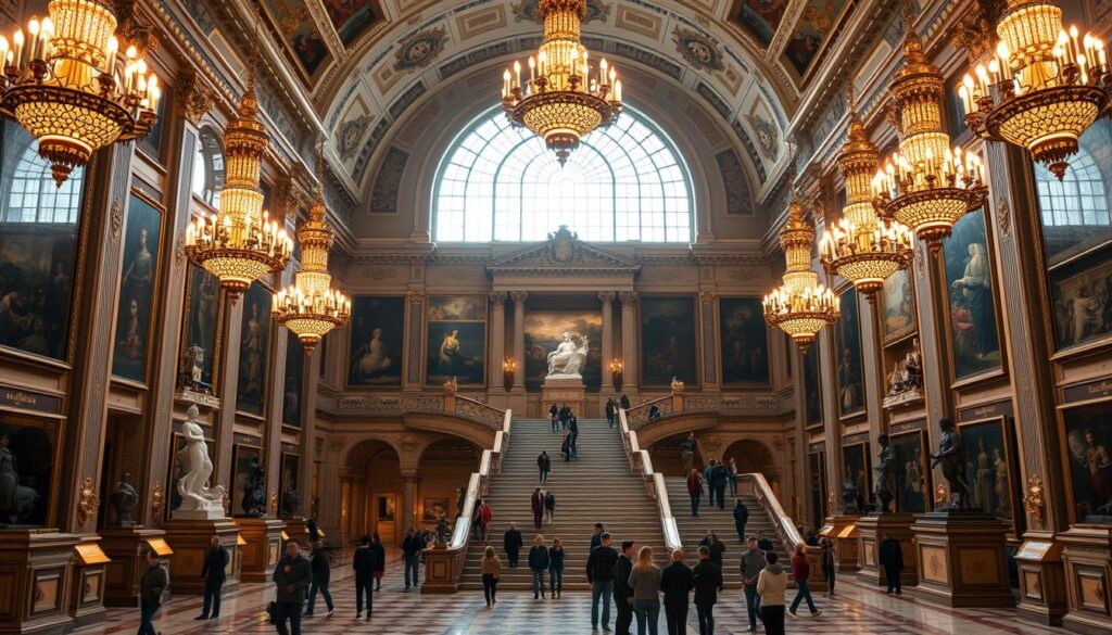 Majestic palace interiors showcasing the grandeur of history museums' prestigious collections. Ornate chandeliers cast a warm glow over marble floors and gilded columns. Massive arched windows flood the opulent galleries with natural light, illuminating rows of priceless artifacts and masterpieces. Visitors stand in awe, immersed in the timeless elegance and cultural significance of these iconic institutions. A sweeping staircase leads to upper levels displaying more treasures, inviting further exploration. Imposing statues and intricate tapestries adorn the palatial setting, transporting onlookers to bygone eras. An atmosphere of reverence and wonder pervades this striking fusion of architectural splendor and humanity's greatest achievements. Majestic palace interiors showcasing the grandeur of history museums' prestigious collections. Ornate chandeliers cast a warm glow over marble floors and gilded columns. Massive arched windows flood the opulent galleries with natural light, illuminating rows of priceless artifacts and masterpieces. Visitors stand in awe, immersed in the timeless elegance and cultural significance of these iconic institutions. A sweeping staircase leads to upper levels displaying more treasures, inviting further exploration. Imposing statues and intricate tapestries adorn the palatial setting, transporting onlookers to bygone eras. An atmosphere of reverence and wonder pervades this striking fusion of architectural splendor and humanity's greatest achievements.