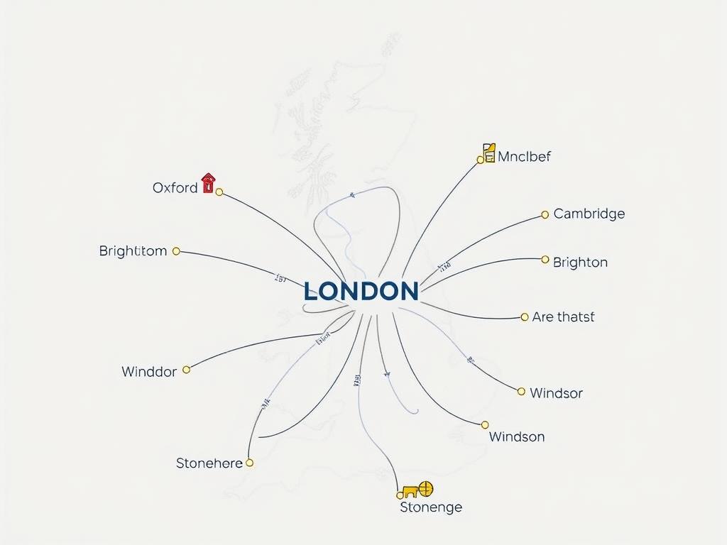 Map showing best day trips from London with travel times Map showing best day trips from London with travel times