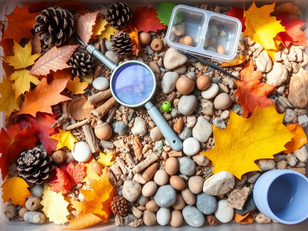 Nature-themed sensory bin with leaves, pinecones, and natural materials Nature-themed sensory bin with leaves, pinecones, and natural materials