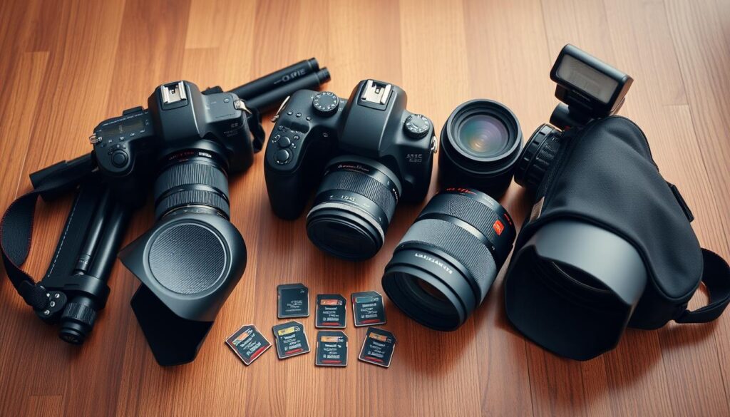 Neatly arranged on a wooden surface, a high-quality DSLR camera, a wide-angle lens, a telephoto lens, a sturdy tripod, a sleek camera bag, a versatile external flash unit, and several memory cards sit together. The lighting is soft and diffused, creating a warm, inviting atmosphere. The arrangement is visually balanced, with the camera and lenses taking center stage, surrounded by the supporting accessories. The overall impression conveys a sense of professionalism and preparedness for capturing stunning travel photography.