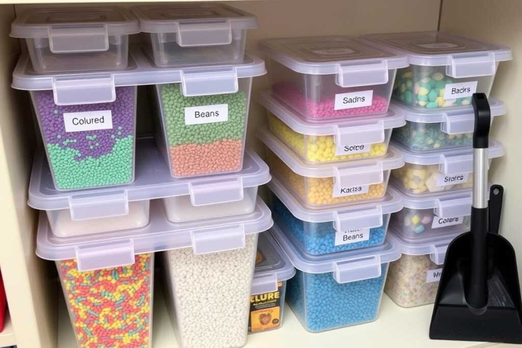 Organized storage system for sensory bin materials with labeled containers Organized storage system for sensory bin materials with labeled containers