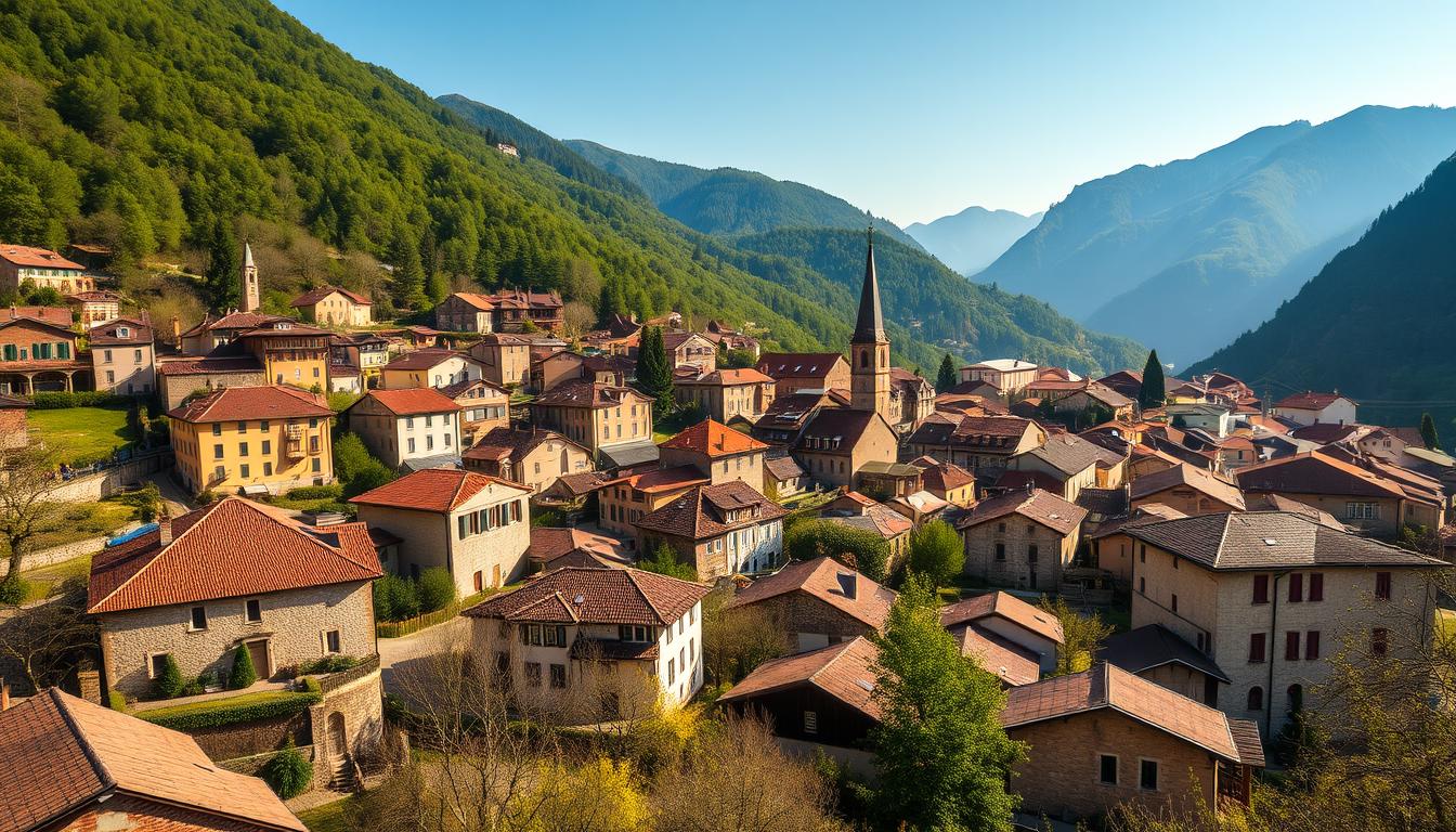 Panoramic view of a hidden village in Europe with traditional architecture and mountain backdrop