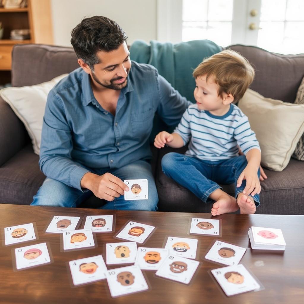 Parent and child discussing emotions using flashcards Parent and child discussing emotions using flashcards
