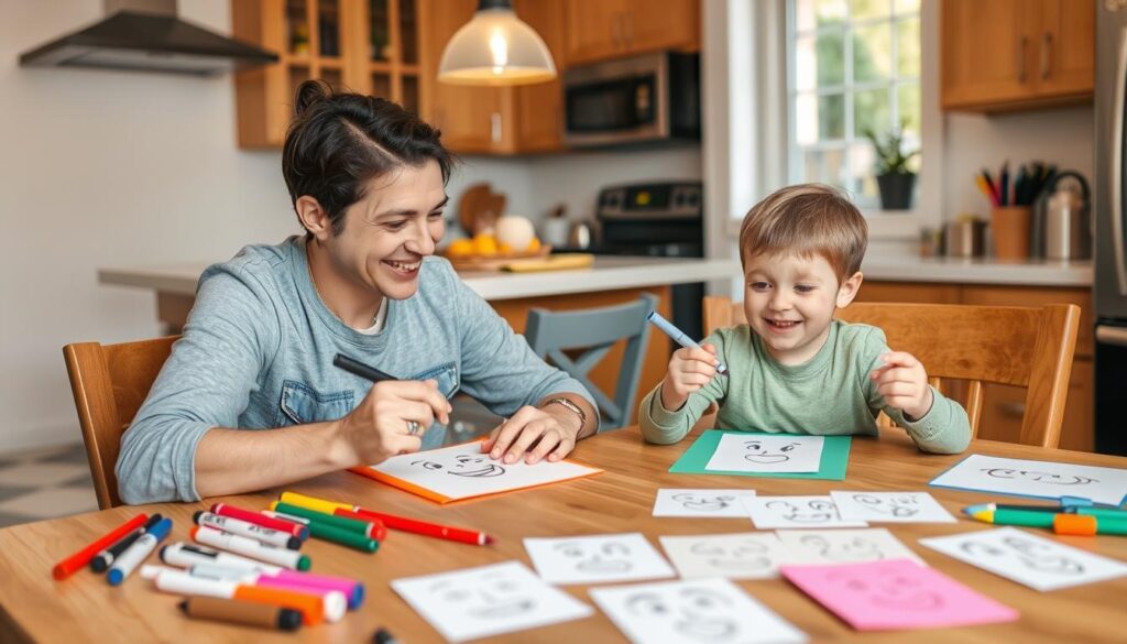 Parent and child making DIY feelings and emotions flashcards together Parent and child making DIY feelings and emotions flashcards together