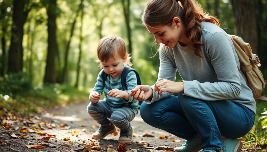 Parent and child on a mindful nature walk examining leaves Parent and child on a mindful nature walk examining leaves