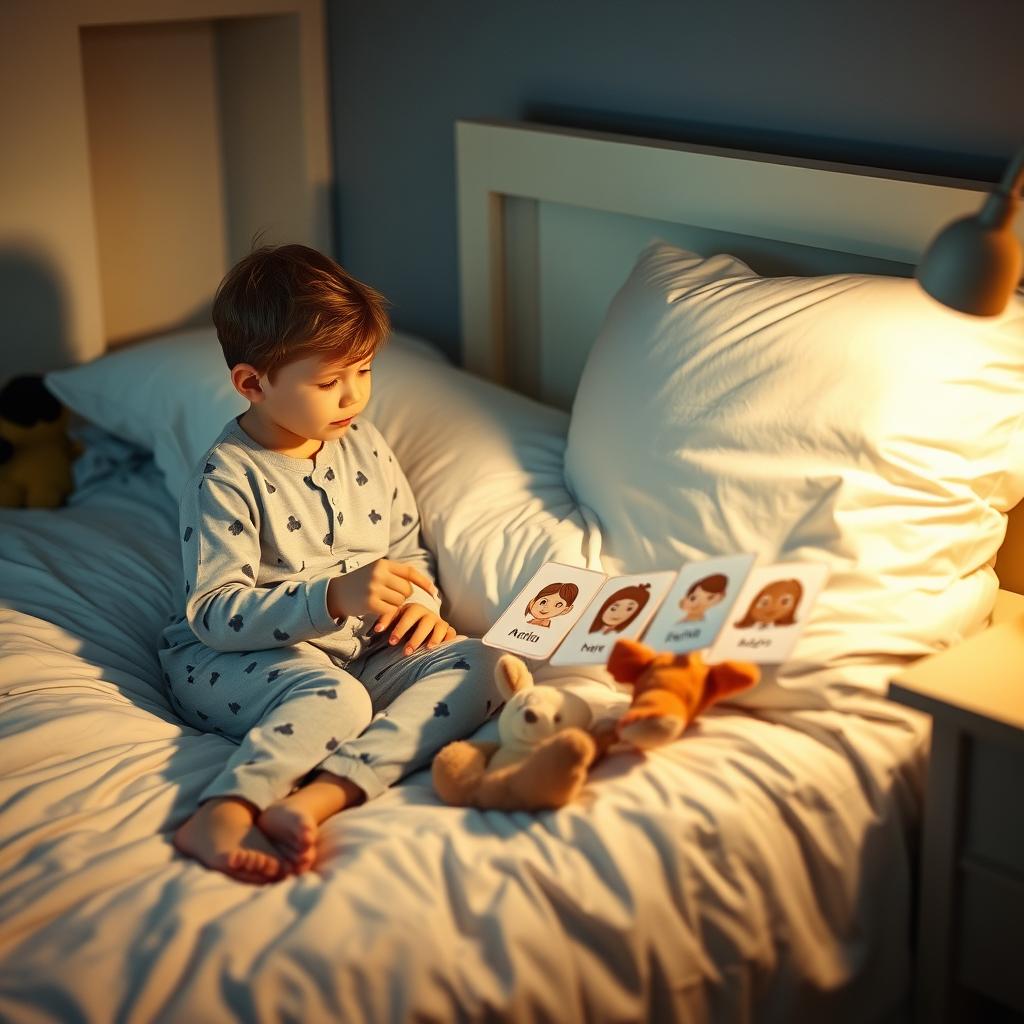 Parent and child using feelings flashcards during bedtime routine Parent and child using feelings flashcards during bedtime routine