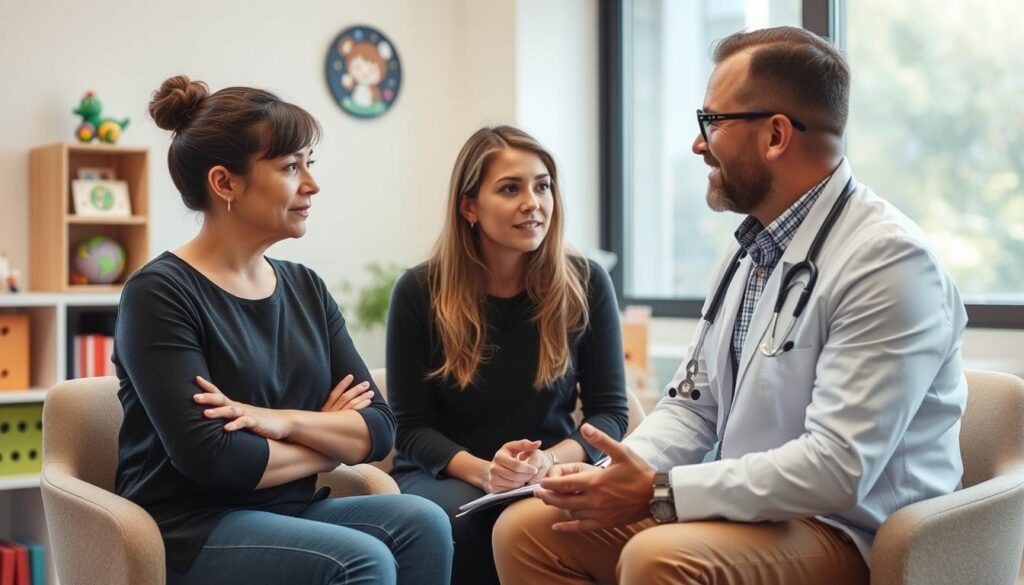Parent consulting with pediatrician about concerning tantrum patterns Parent consulting with pediatrician about concerning tantrum patterns