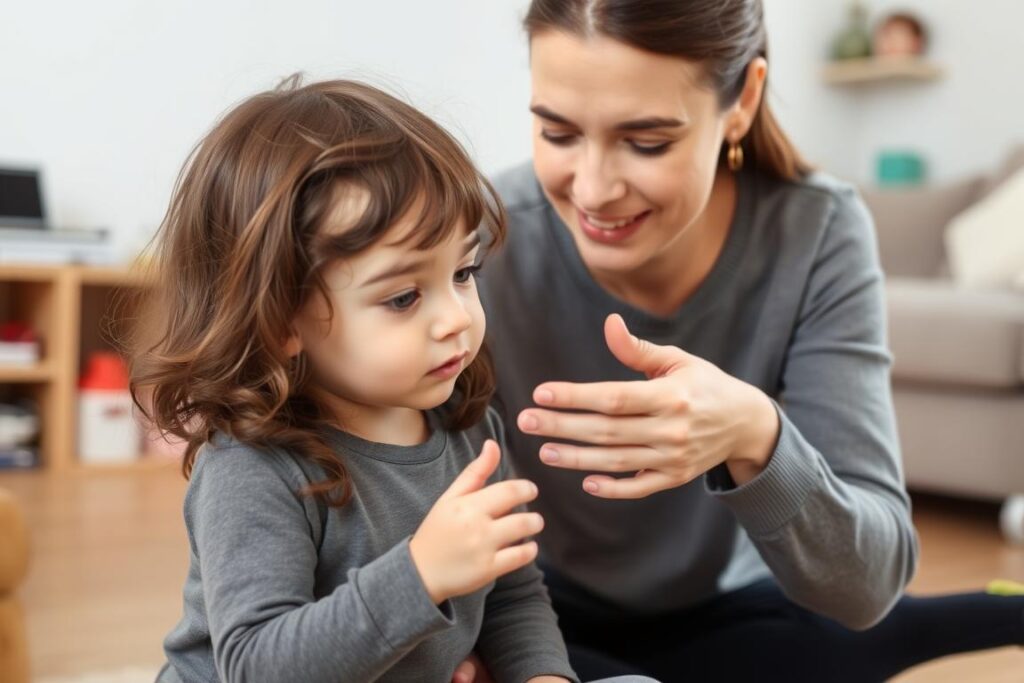 Parent gently guiding a distracted child back to a mindfulness activity Parent gently guiding a distracted child back to a mindfulness activity
