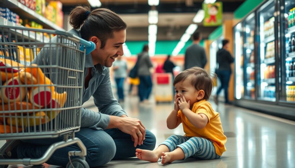 Parent handling a grocery store tantrum calmly using positive strategies Parent handling a grocery store tantrum calmly using positive strategies