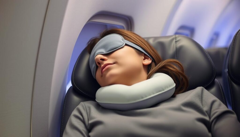 Passenger sleeping comfortably with travel pillow and eye mask Passenger sleeping comfortably with travel pillow and eye mask