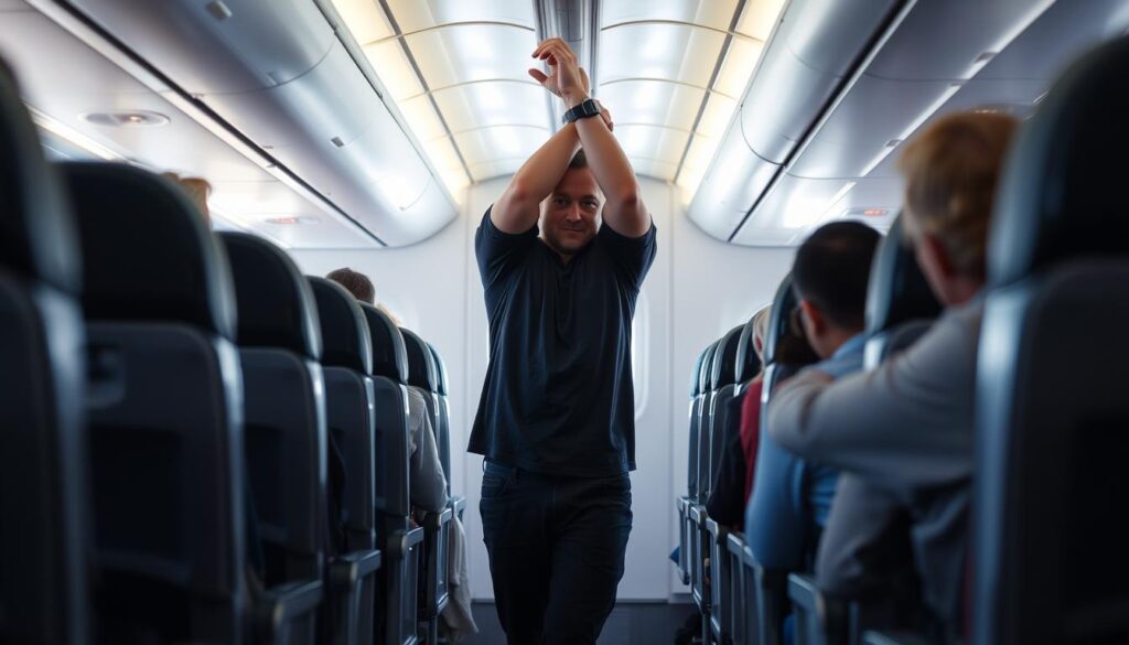 Passenger stretching in airplane aisle during long flight Passenger stretching in airplane aisle during long flight