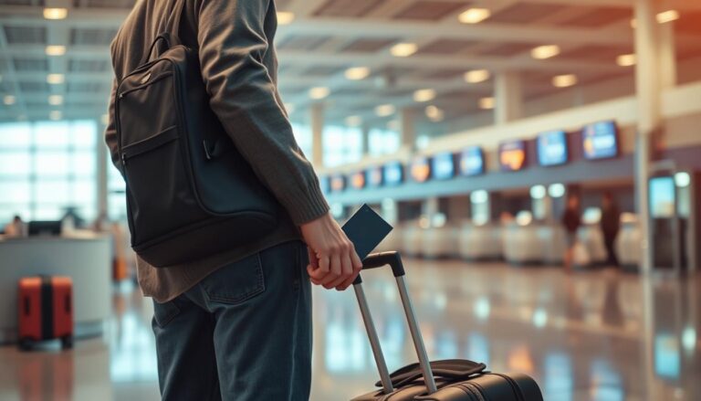 Person checking in at airport counter for a long flight