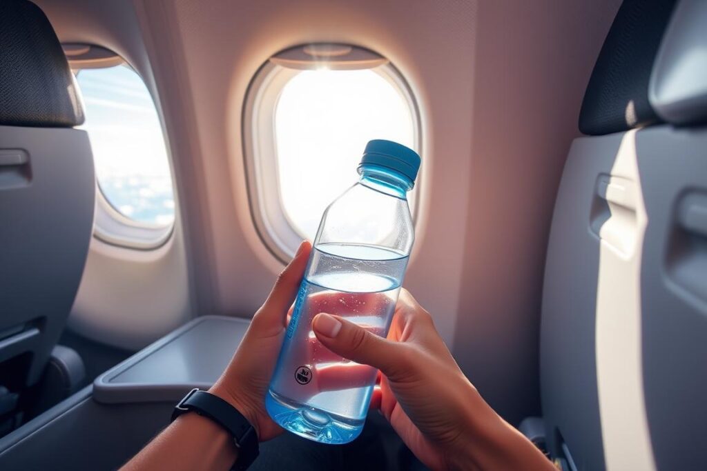 Person drinking water from reusable bottle on airplane Person drinking water from reusable bottle on airplane