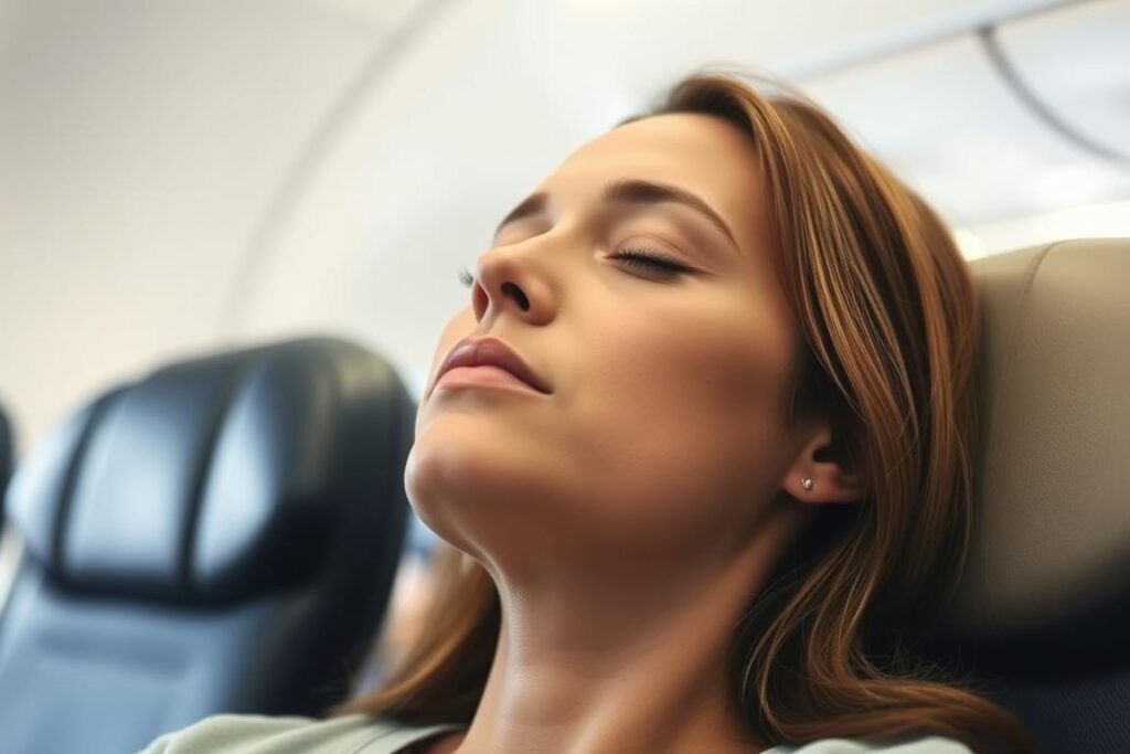 Person practicing deep breathing exercise on plane Person practicing deep breathing exercise on plane