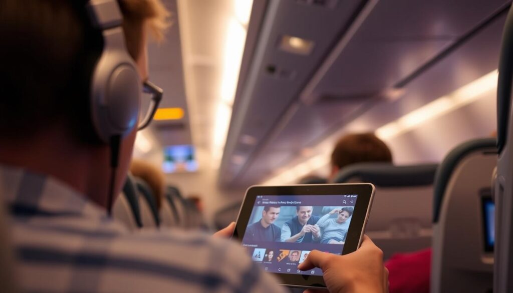 Person using tablet device for entertainment on airplane Person using tablet device for entertainment on airplane