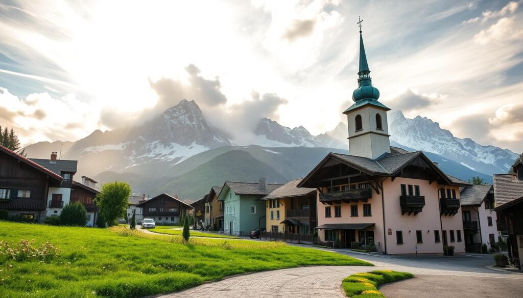 Picturesque alpine village of Moena nestled in the Dolomites, Northern Italy. Quaint pastel-colored houses with sloping roofs and wooden balconies line the cobbled streets. Church steeple with a bronze-green dome rises above the rooftops. Lush green meadows dotted with wildflowers lead up to the majestic snow-capped peaks in the background. Warm golden light filters through wispy clouds, casting a magical glow over the tranquil scene. Low-angle shot capturing the charming, fairytale-like atmosphere of this hidden gem. Cinematic, hyper-realistic style. Picturesque alpine village of Moena nestled in the Dolomites, Northern Italy. Quaint pastel-colored houses with sloping roofs and wooden balconies line the cobbled streets. Church steeple with a bronze-green dome rises above the rooftops. Lush green meadows dotted with wildflowers lead up to the majestic snow-capped peaks in the background. Warm golden light filters through wispy clouds, casting a magical glow over the tranquil scene. Low-angle shot capturing the charming, fairytale-like atmosphere of this hidden gem. Cinematic, hyper-realistic style.