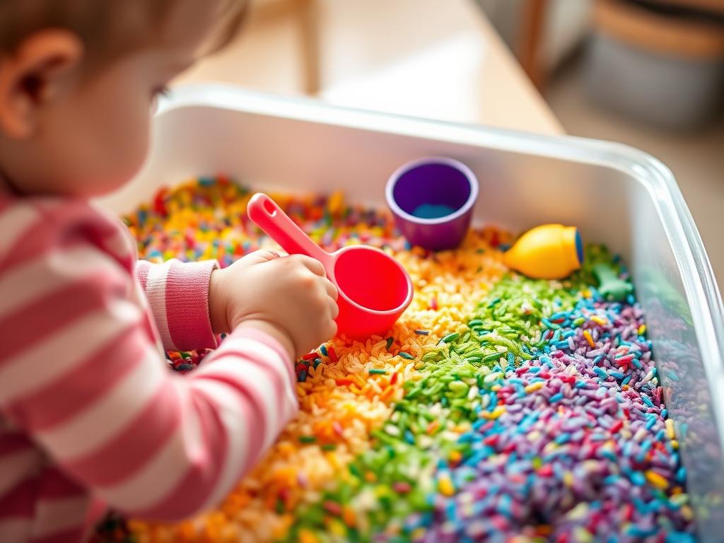 Preschooler playing with colorful rice sensory bin with scoops and toys
