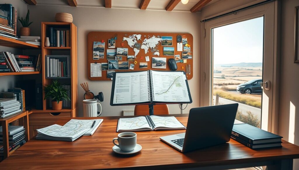 Prompt A cozy, well-lit home office, with a large wooden desk and a planner open, showcasing a detailed road trip itinerary. Surrounding the desk, shelves display road maps, guidebooks, and travel accessories. In the foreground, a laptop and a cup of coffee sit on the desk, hinting at the planning process. The middle ground features a wall-mounted corkboard with colored pins, sticky notes, and photos of scenic destinations. In the background, a large window overlooks a rolling countryside landscape, with the faint silhouette of a car on the horizon, suggesting the upcoming journey. Prompt A cozy, well-lit home office, with a large wooden desk and a planner open, showcasing a detailed road trip itinerary. Surrounding the desk, shelves display road maps, guidebooks, and travel accessories. In the foreground, a laptop and a cup of coffee sit on the desk, hinting at the planning process. The middle ground features a wall-mounted corkboard with colored pins, sticky notes, and photos of scenic destinations. In the background, a large window overlooks a rolling countryside landscape, with the faint silhouette of a car on the horizon, suggesting the upcoming journey.