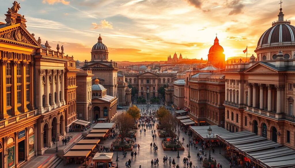 Prompt A sweeping cityscape of renowned art and history destinations, bathed in a warm golden hour glow. In the foreground, iconic museums and galleries with intricate architectural details stand tall, their facades adorned with sculptures and ornaments. The middle ground features bustling plazas lined with cafes, bookstores, and street performers, while the background showcases ancient cathedrals, historic palaces, and iconic monuments silhouetted against a vibrant sunset sky. The scene exudes a sense of timeless elegance, inviting the viewer to explore the rich cultural tapestry of this visually captivating metropolis. Prompt A sweeping cityscape of renowned art and history destinations, bathed in a warm golden hour glow. In the foreground, iconic museums and galleries with intricate architectural details stand tall, their facades adorned with sculptures and ornaments. The middle ground features bustling plazas lined with cafes, bookstores, and street performers, while the background showcases ancient cathedrals, historic palaces, and iconic monuments silhouetted against a vibrant sunset sky. The scene exudes a sense of timeless elegance, inviting the viewer to explore the rich cultural tapestry of this visually captivating metropolis.