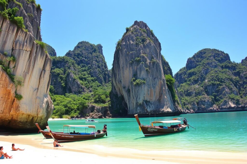 Railay Beach in Krabi with limestone cliffs and longtail boats Railay Beach in Krabi with limestone cliffs and longtail boats