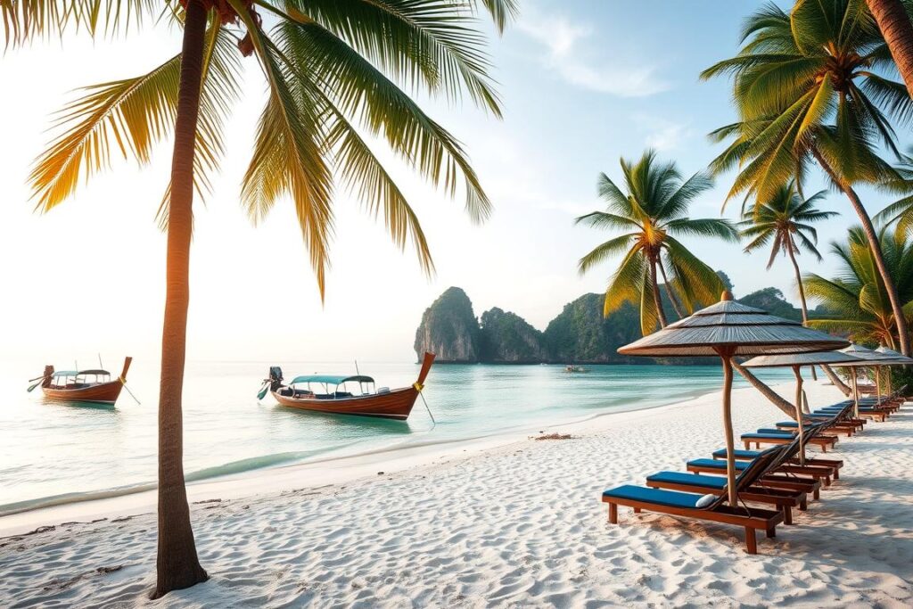 Relaxing beach scene in Thailand with palm trees and longtail boats Relaxing beach scene in Thailand with palm trees and longtail boats
