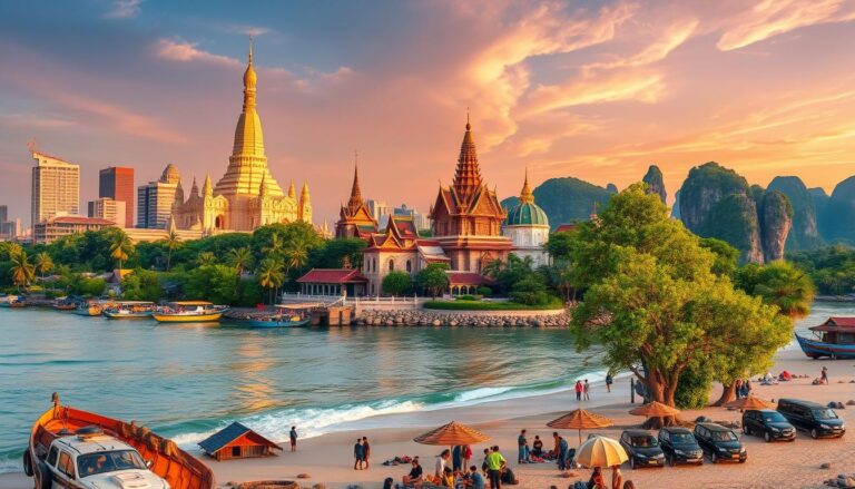 Scenic view of Thailand showing temples, beaches and city skyline - perfect for a 7-Day Thailand Itinerary for First-Timers