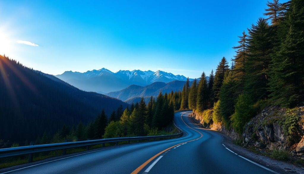 Scenic, winding mountain roads winding through lush, verdant forests, with sunlight filtering through the canopy, casting a warm, golden glow on the asphalt. In the distance, majestic snow-capped peaks pierce the horizon, their jagged silhouettes framed against a vibrant, azure sky. The road stretches out before the viewer, inviting them to embark on an unforgettable journey, with the promise of breathtaking vistas and a sense of adventure around every turn. Captured with a wide-angle lens, the scene conveys a sense of grandeur and scale, drawing the viewer into the serene, picturesque landscape. Scenic, winding mountain roads winding through lush, verdant forests, with sunlight filtering through the canopy, casting a warm, golden glow on the asphalt. In the distance, majestic snow-capped peaks pierce the horizon, their jagged silhouettes framed against a vibrant, azure sky. The road stretches out before the viewer, inviting them to embark on an unforgettable journey, with the promise of breathtaking vistas and a sense of adventure around every turn. Captured with a wide-angle lens, the scene conveys a sense of grandeur and scale, drawing the viewer into the serene, picturesque landscape.