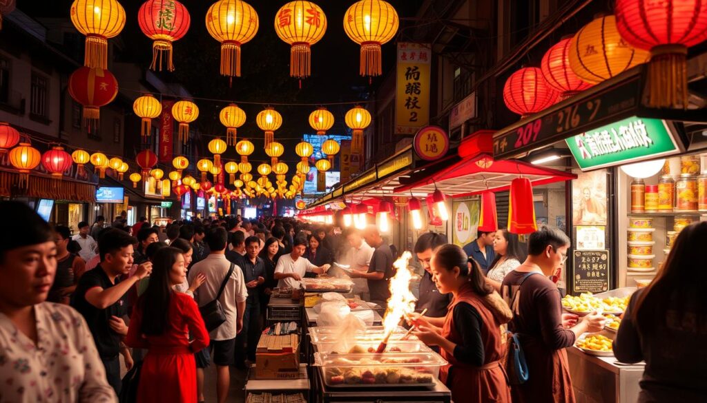 Seasonal street food specialties at an Asian night market during a festival Seasonal street food specialties at an Asian night market during a festival