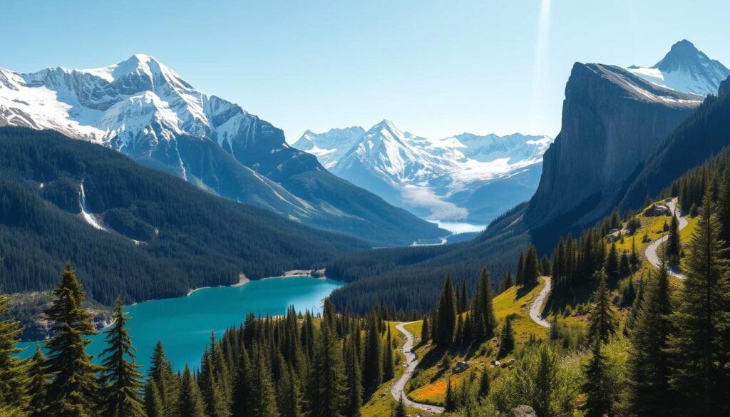 Serene alpine landscapes of the West Coast national parks, with majestic snow-capped peaks reaching towards the heavens. In the foreground, lush evergreen forests and crystal-clear lakes reflect the dramatic scenery. Cascading waterfalls tumble over rugged cliffs, their mists casting rainbows in the warm sunlight. Diverse wildlife, from soaring bald eagles to majestic grizzly bears, thrive in these untamed wilderness areas. The middle ground features trails winding through wildflower-dotted meadows, leading adventurous hikers towards breathtaking vistas. In the distance, iconic rock formations and glaciers glisten, conveying a sense of timeless, untouched beauty. An awe-inspiring panorama, showcasing the rugged majesty of the West Coast's national park treasures.