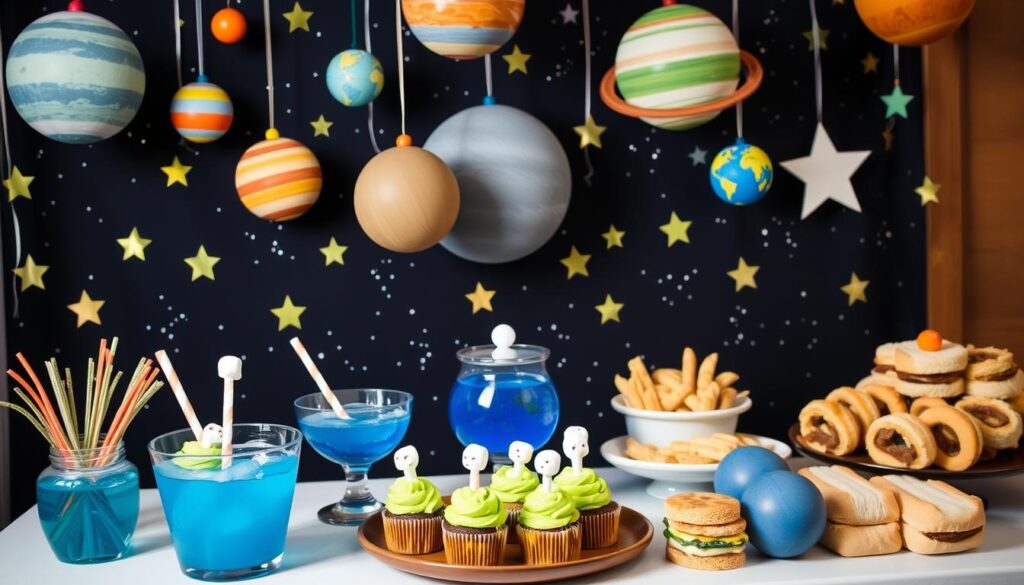 Space-themed party setup with decorations and cosmic snacks Space-themed party setup with decorations and cosmic snacks