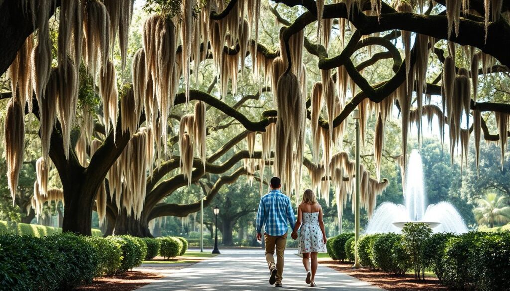 Spanish moss-draped oak trees in Forsyth Park, Savannah - a quintessential romantic city getaway in the South Spanish moss-draped oak trees in Forsyth Park, Savannah - a quintessential romantic city getaway in the South
