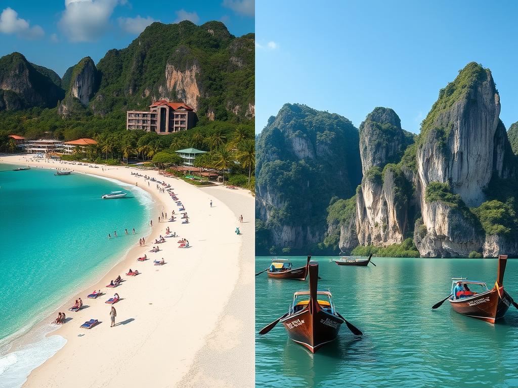 Split image comparing Phuket's developed beaches with Krabi's natural limestone scenery Split image comparing Phuket's developed beaches with Krabi's natural limestone scenery