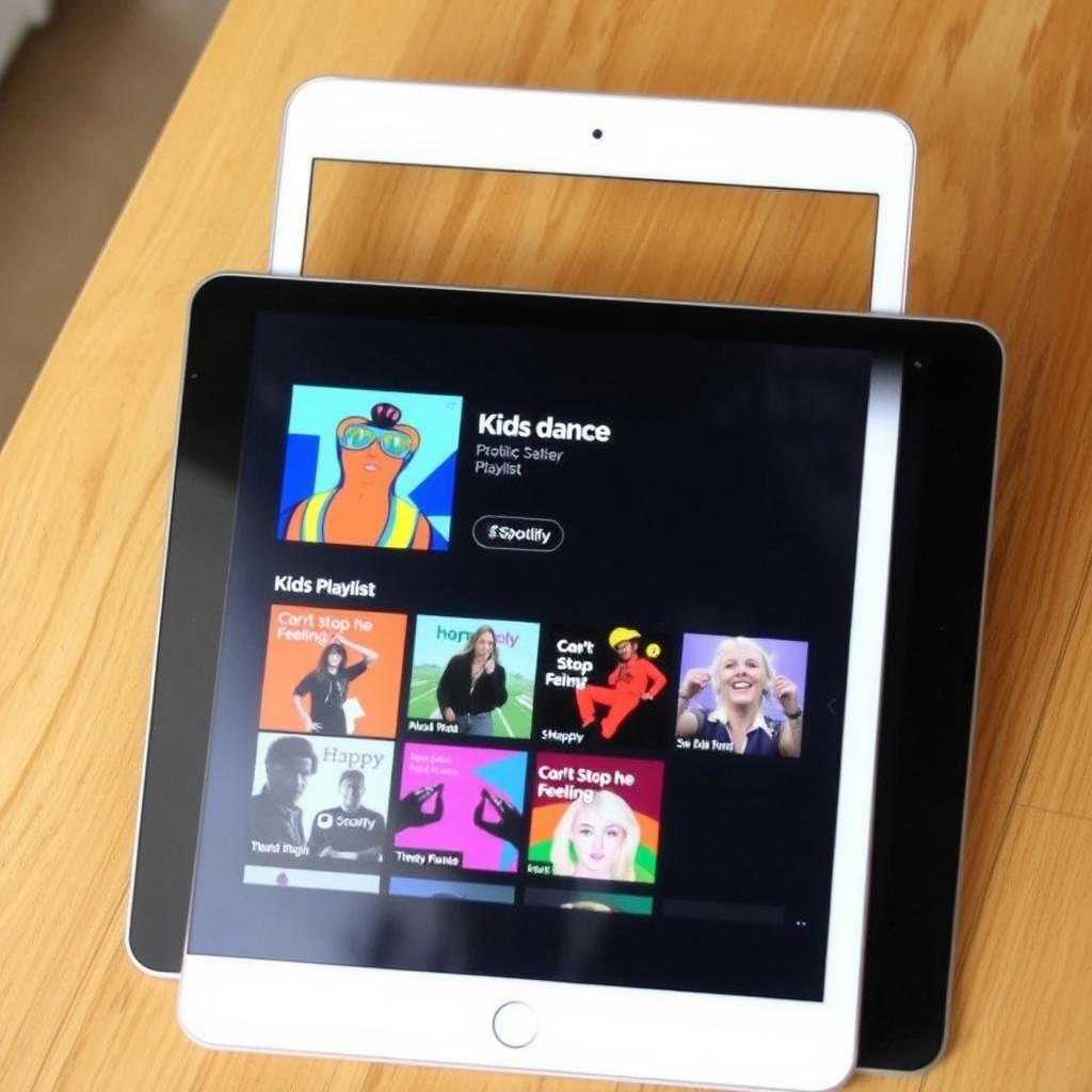 Spotify logo with kids dance playlist visible on a tablet Spotify logo with kids dance playlist visible on a tablet