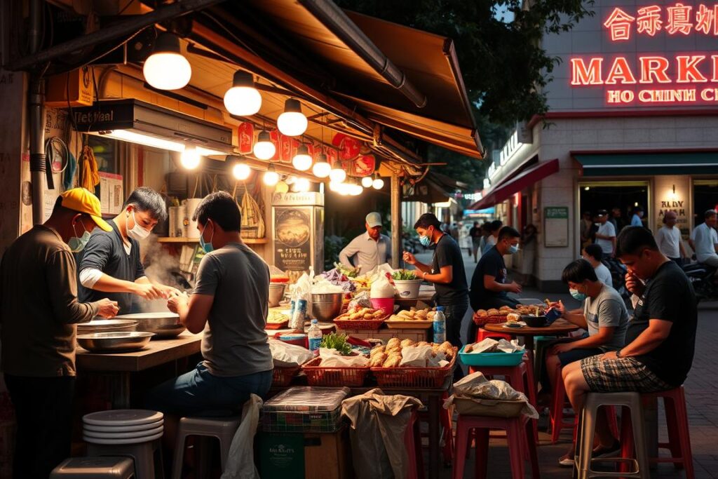 Street food vendors serving traditional Vietnamese dishes at Ben Thanh Market in Ho Chi Minh City Street food vendors serving traditional Vietnamese dishes at Ben Thanh Market in Ho Chi Minh City
