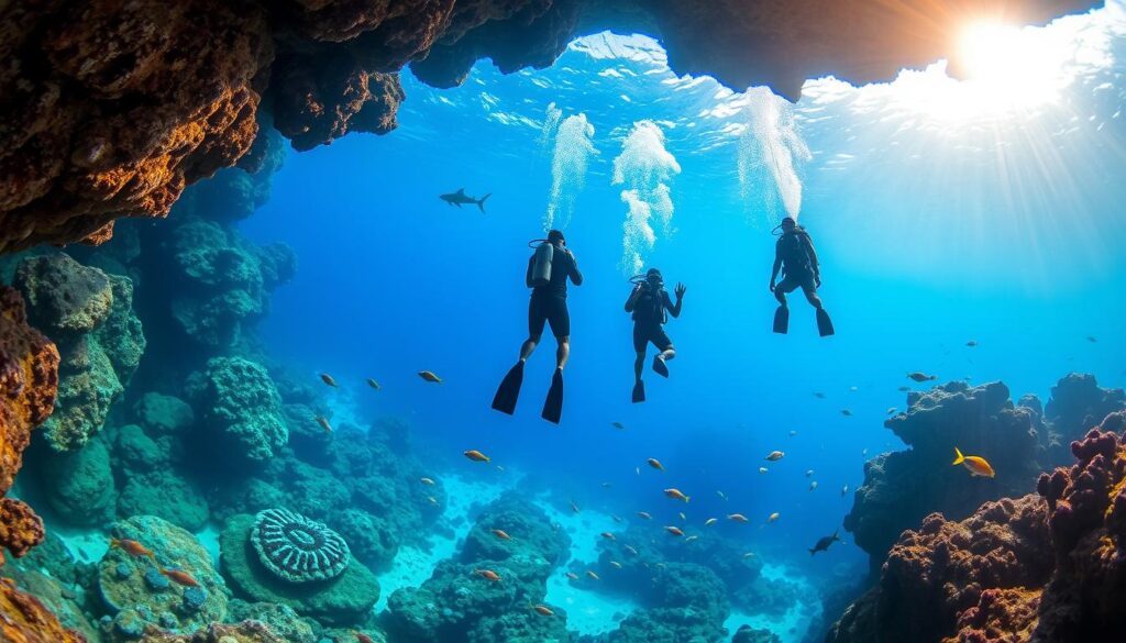 Submerge into the vibrant underwater realm of the Red Sea, where coral gardens and schools of tropical fish dance in the sun-dappled waters. Capture the essence of an unforgettable dive adventure, with a wide-angle lens showcasing the dramatic seascape. Divers explore the colorful reef, their silhouettes suspended in the crystal-clear depths, as rays and reef sharks glide gracefully through the shimmering blue. Warm, golden light filters through the surface, casting a warm glow over the scene and creating a sense of tranquility and wonder. Convey the thrill of discovery and the pure joy of diving in this pristine, otherworldly environment.