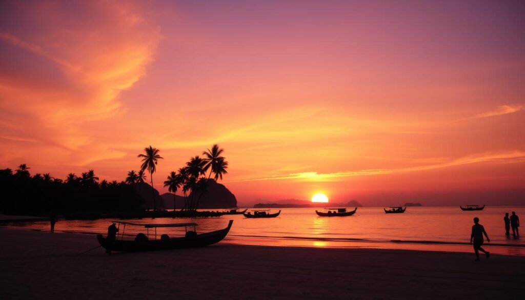 Sunset over a Thai beach with silhouettes of palm trees and longtail boats Sunset over a Thai beach with silhouettes of palm trees and longtail boats
