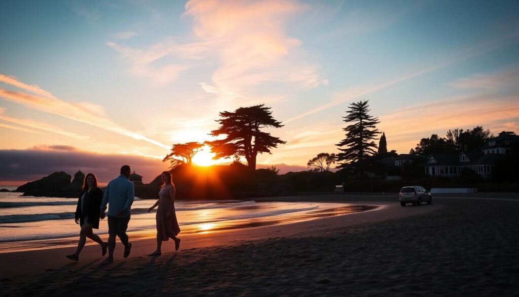 Sunset view of Carmel Beach, a top destination for romantic city getaways on the California coast Sunset view of Carmel Beach, a top destination for romantic city getaways on the California coast