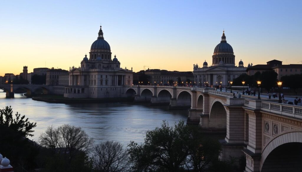 Sunset view of Castel Sant'Angelo and St. Peter's Basilica, perfect end to one day in Rome Sunset view of Castel Sant'Angelo and St. Peter's Basilica, perfect end to one day in Rome